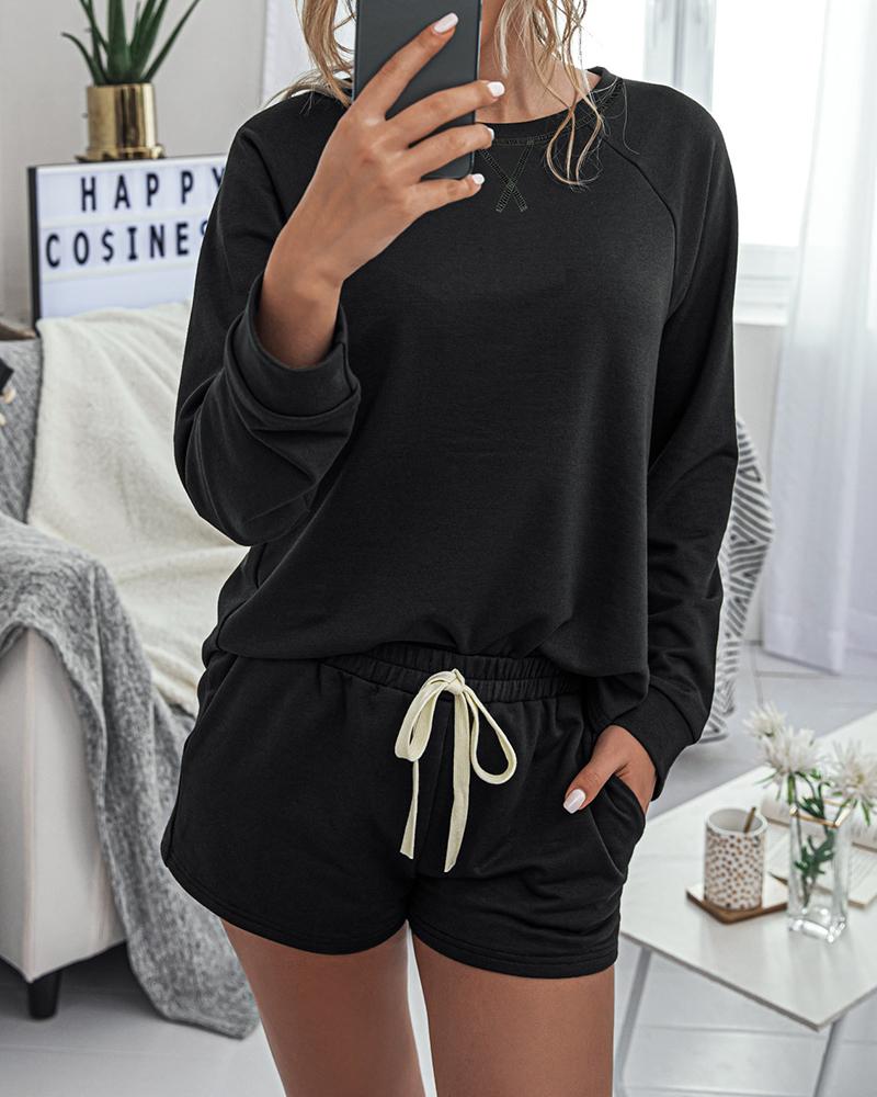 

Solid Round Neck Pajamas Set, Black