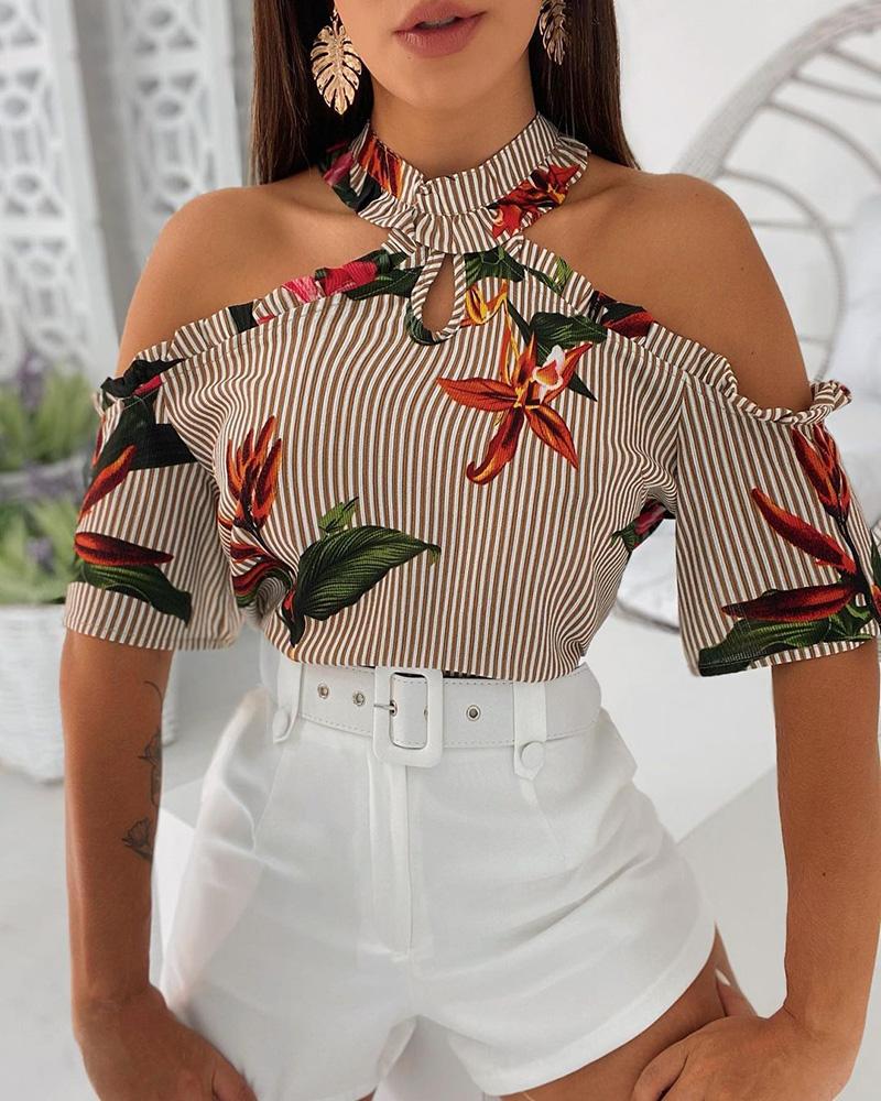 

Striped Floral Print Cold Shoulder Top, Coffee