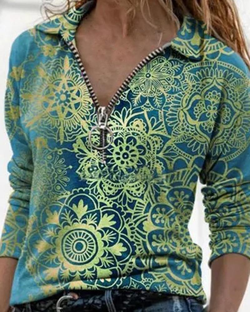 

Abstract Patterns Print Long Sleeve Loose Blouse, Green