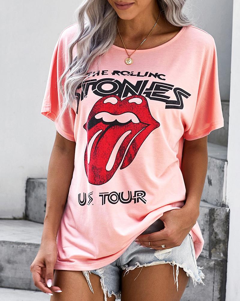 

Lip Letter Print Short Sleeve Casual T-Shirt, Pink