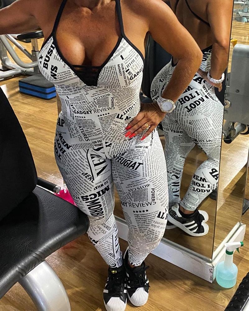

Newspaper Print Halter Skinny Jumpsuit, White