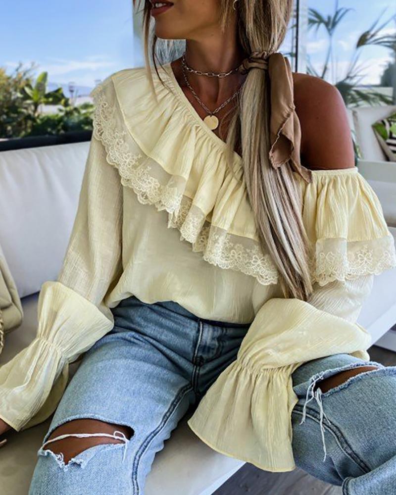 

One Shoulder Ruffles Hem Casual Top, Yellow
