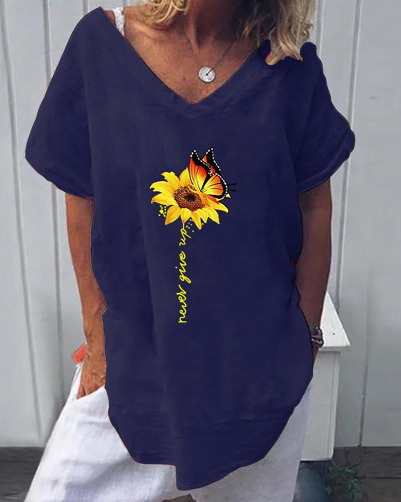 

Sunflower Butterfly Print Letter Pattern Casual T-shirt, Dark blue