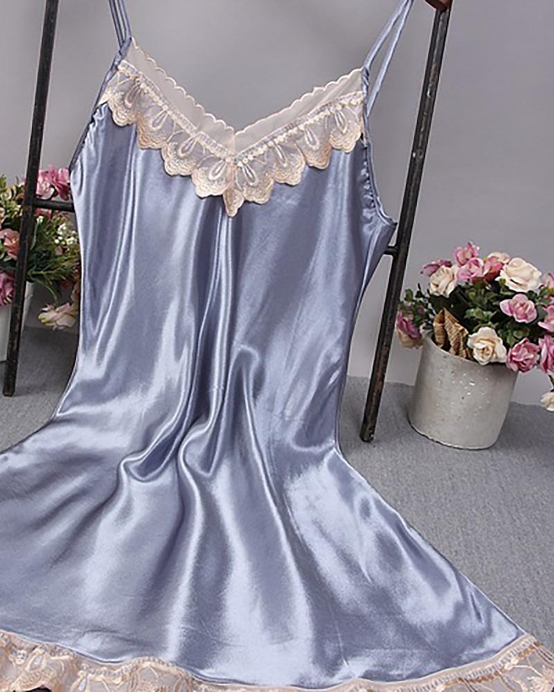 

Spaghetti Strap Lace Trim Satin Sleepwear Cami Dress, Blue