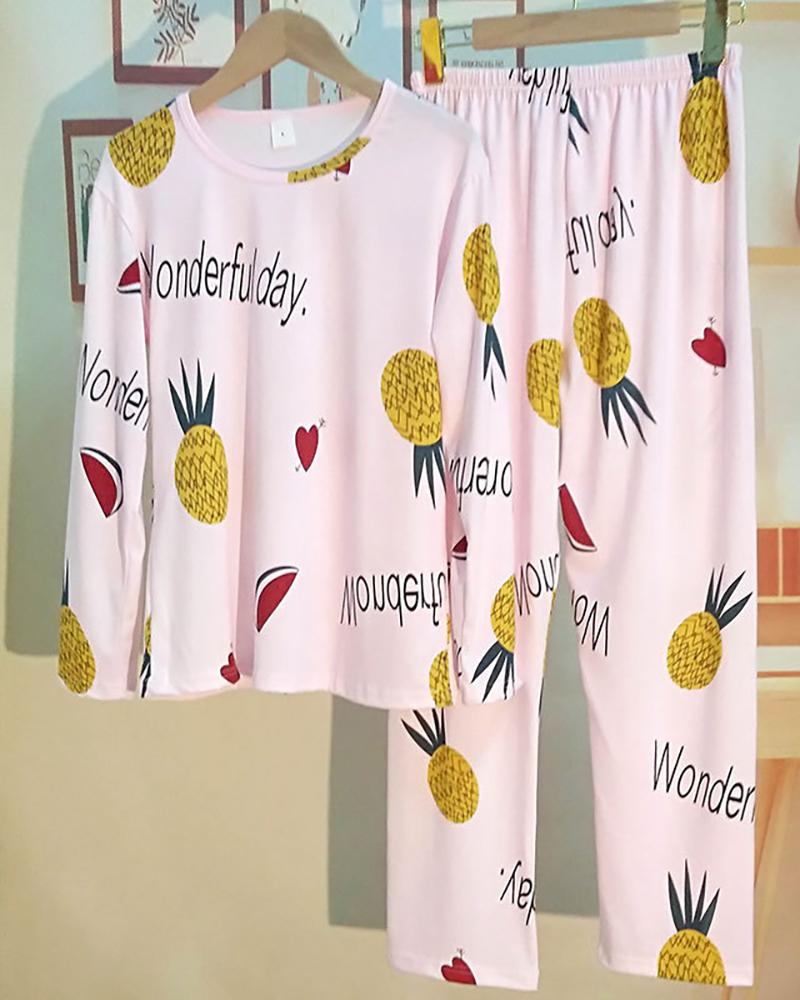 

Print Long Sleeve Pajamas Set, Light pink