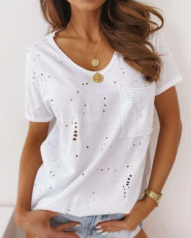 

Pocket Design Hollow Out Casual T-shirt, White