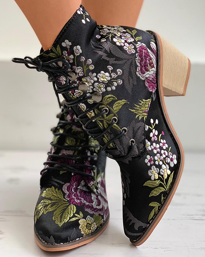 

Floral Embroidery Lace-up Chunky Boots, Black