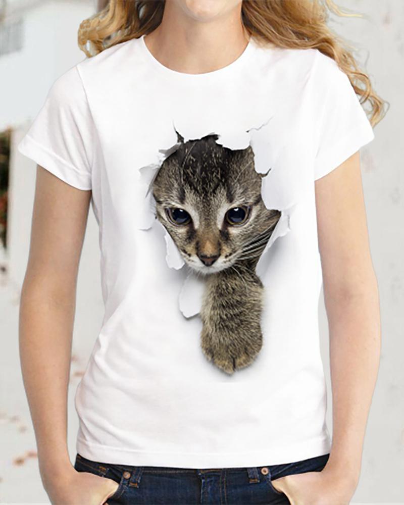 

Cat Print Short Sleeve T-Shirt, Style1