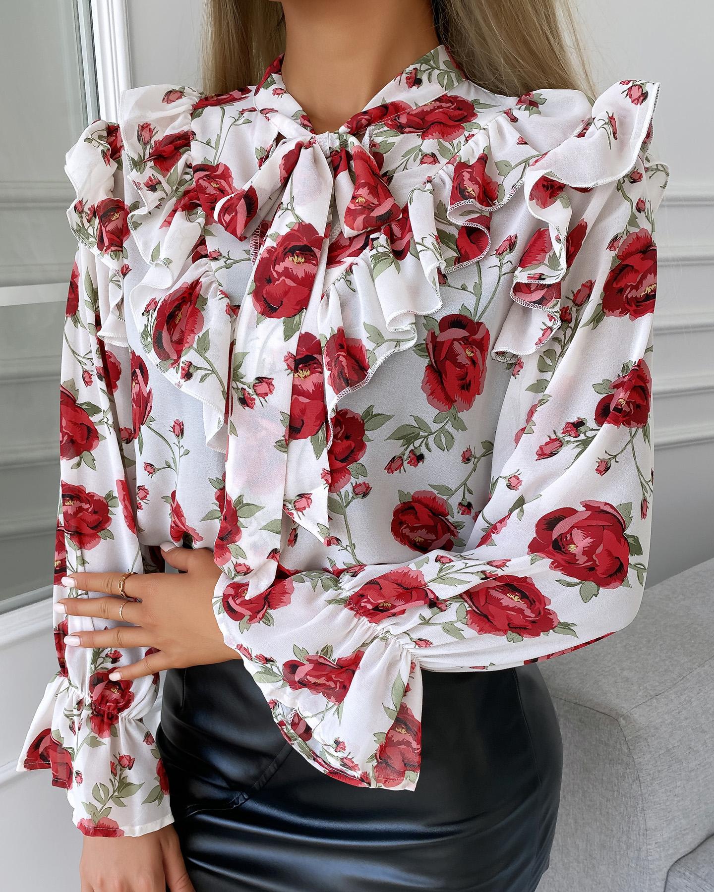 

Tie Neck Floral Print Long Sleeve Women Blouse, White