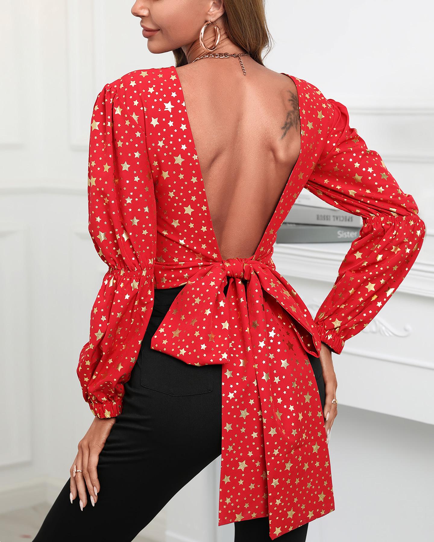 

Star Print Puff Sleeve Tie Detail Backless Top, Red
