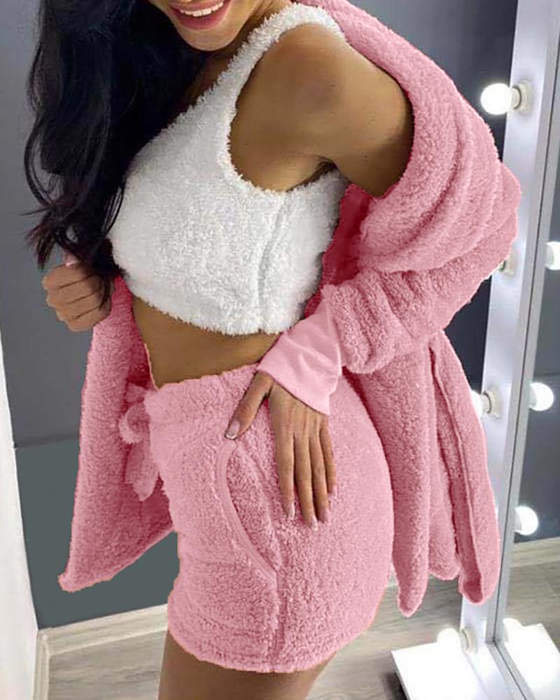 

3PCS Drawstring Long Sleeve Teddy Pajamas Set, Pink