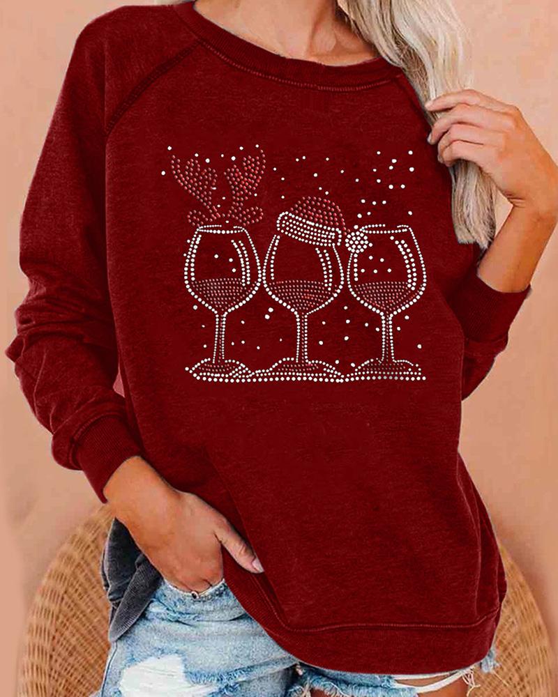 

Christmas Studded Wine Glass Pattern Sweatshirt, Wine red