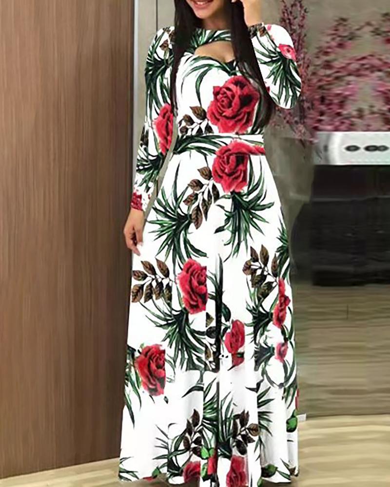 

Long Sleeve Floral Printed Dress, White