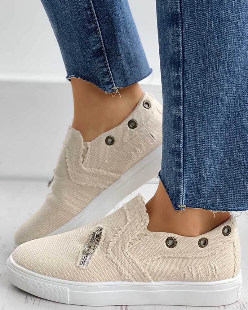 Eyelet Zipper Design Slip On Sneakers