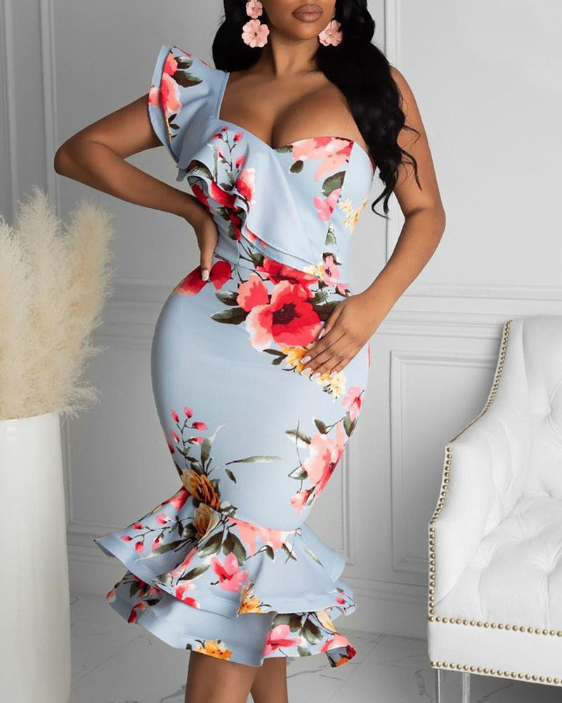 

Floral Print One Shoulder Mermaid Dress, Blue