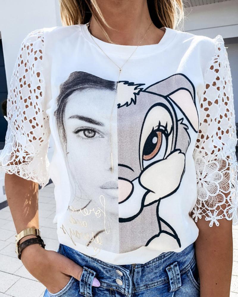 

Rabbit&Girl Patterns Print Lace Contrast T-shirts, White