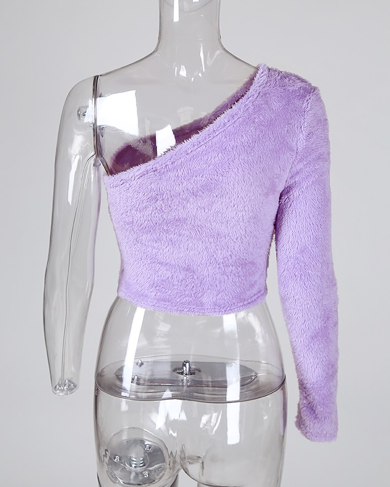 Purple One Shoulder Fluffy Crop Top