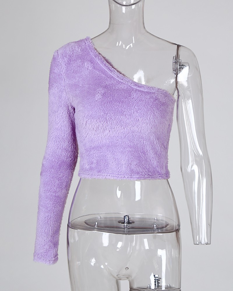 Purple One Shoulder Fluffy Crop Top