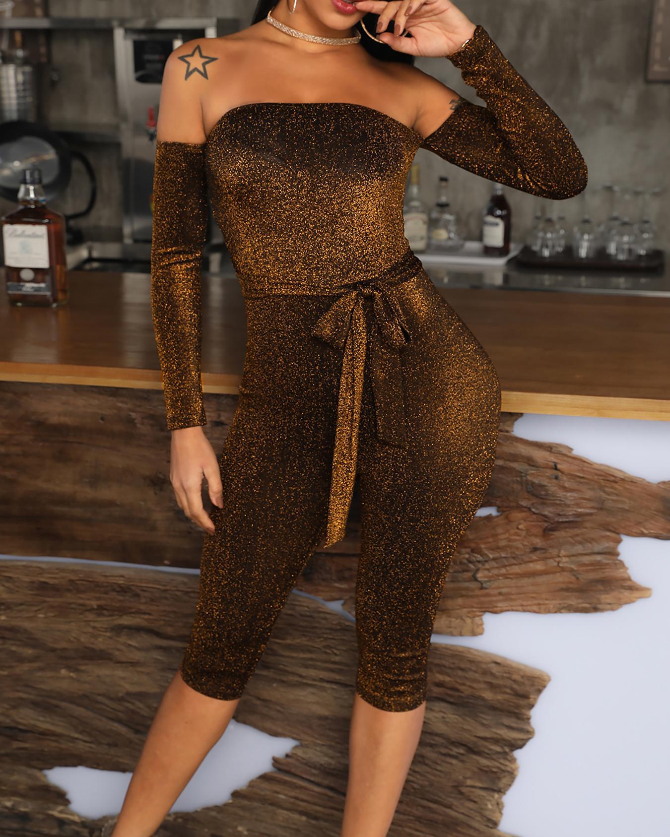 

Glittering Off Shoulder Belted Romper, Gold