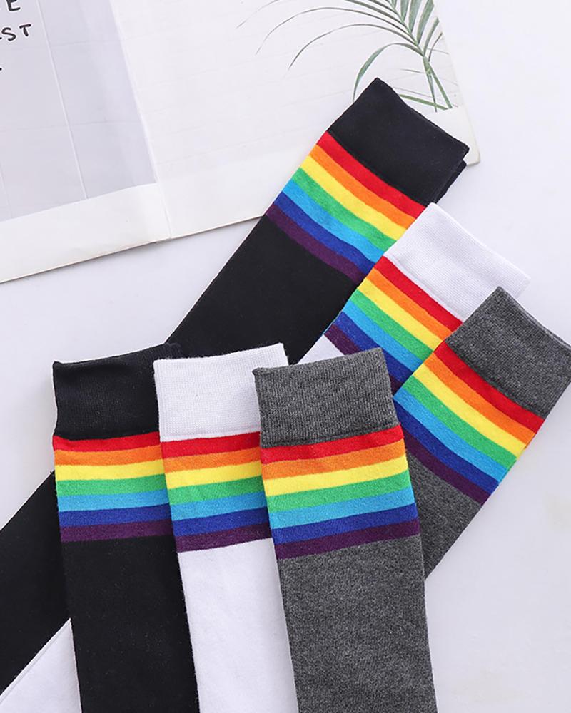 

Striped Colorblock Over The Knee Socks, White