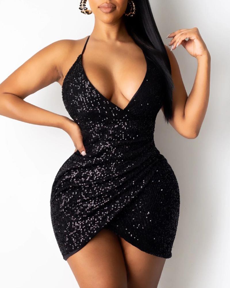 

Backless Sequins Wrap Ruched Bodycon Dress, Black