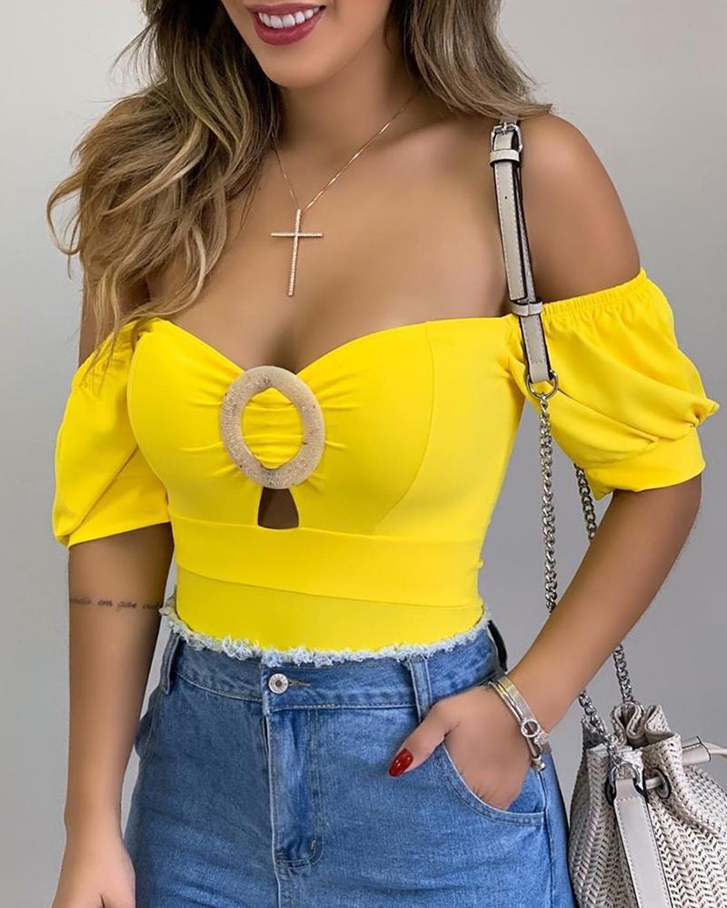 

Off Shoulder O Ring Cutout Front Casual Blouse, Yellow