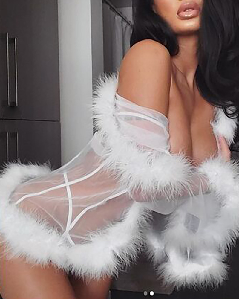 

Feather Detail Sheer Mesh Lace Robe, White