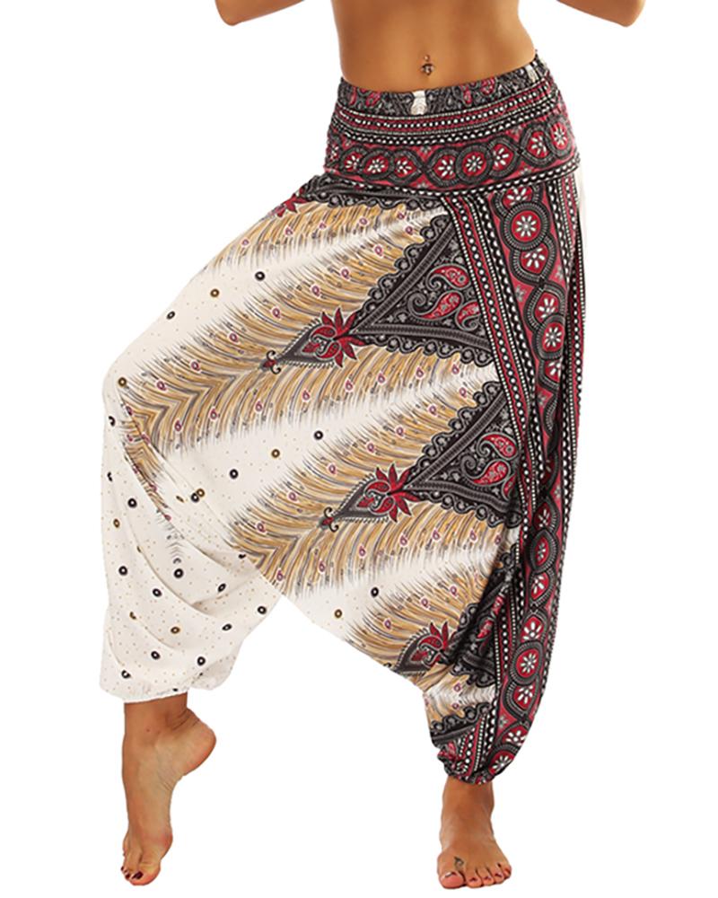 

Print High Waist Wide Leg Yoga Pants, White