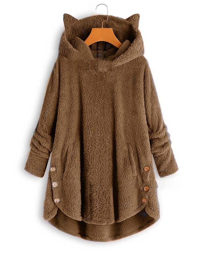 

Plain Button Design Teddy Hooded Coat, Coffee