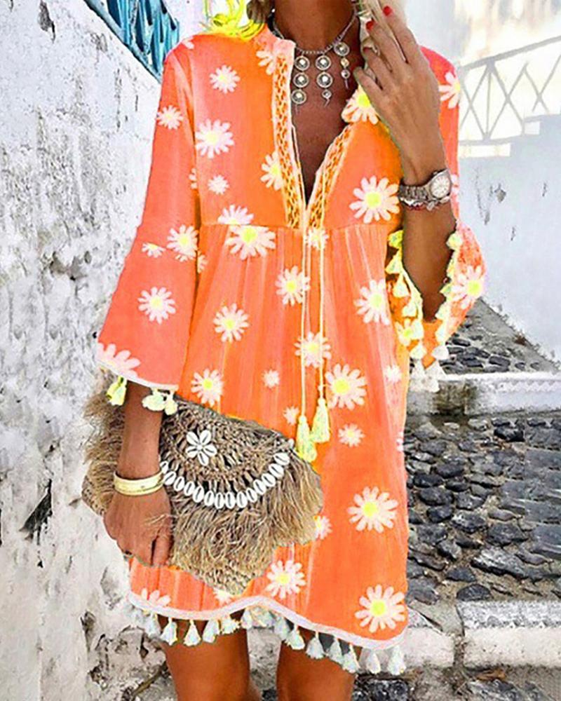 

Daisy Print Tassel Design Casual Dress, Orange