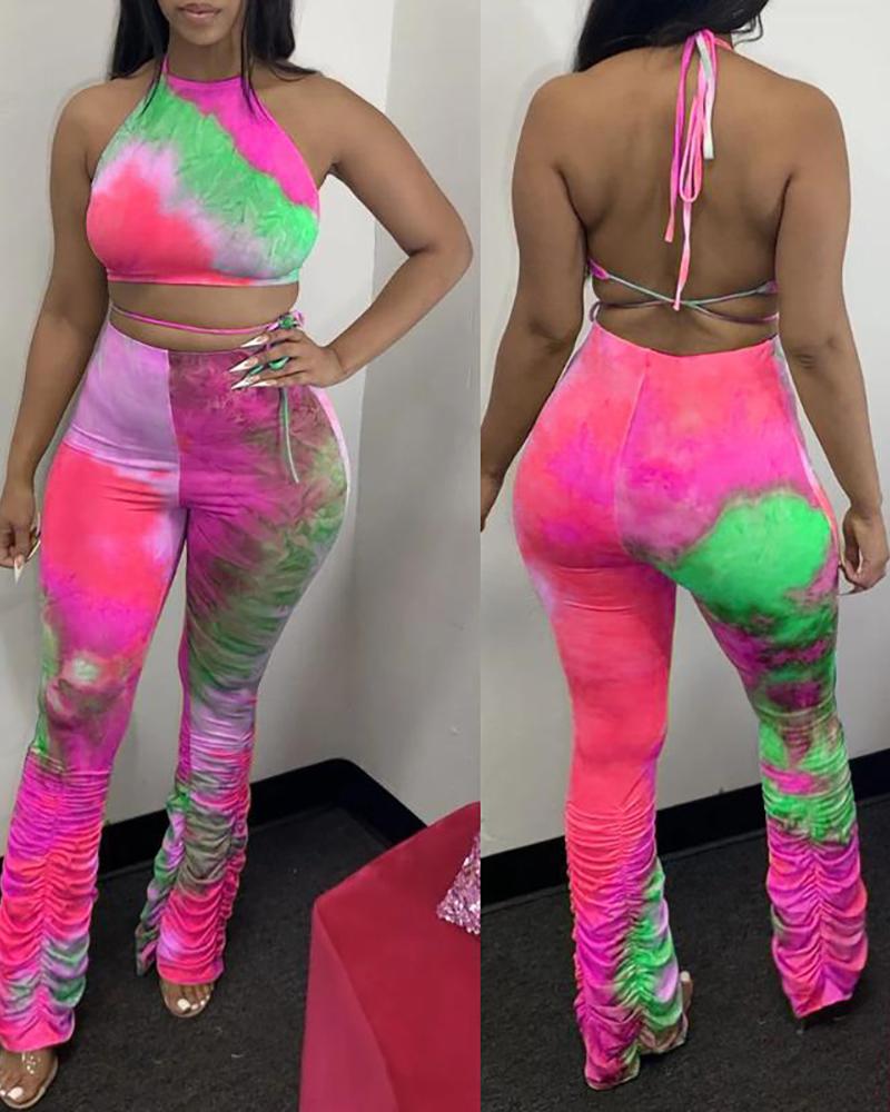 

Tie Dye Print Halter Backless Top & Ruched Pants Set, Pink
