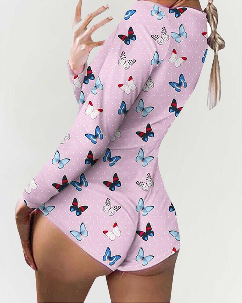 

Multicolor Butterfly Print Long Sleeve Skinny Rompers, Pink