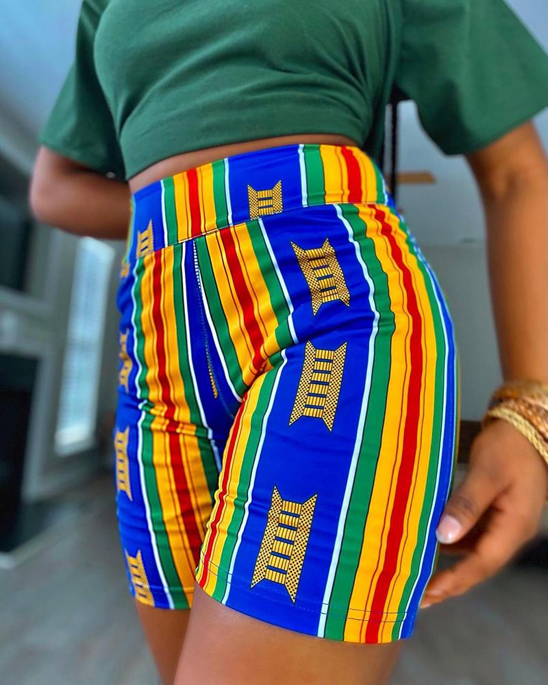 

Graphic Print Striped Colorblock High Waist Shorts, Blue