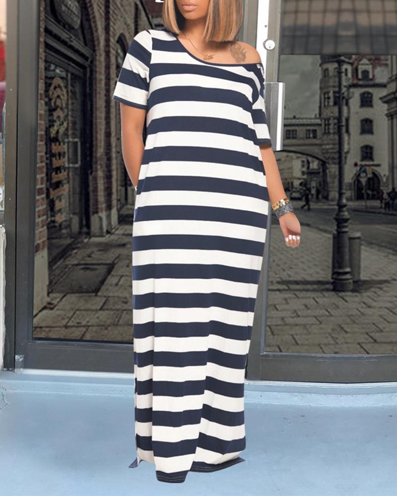 

Striped Colorblock Pocket Design Casual Dress, Dark blue