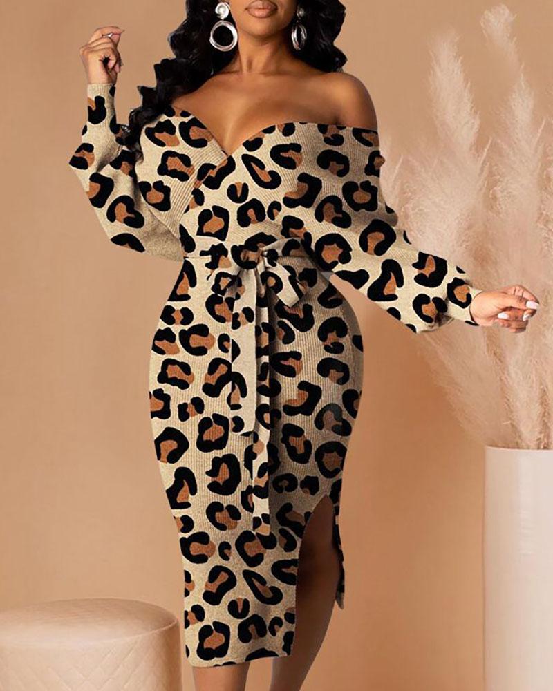 

Ribbed Off Shoulder Leopard Print Slit Dress, Khaki