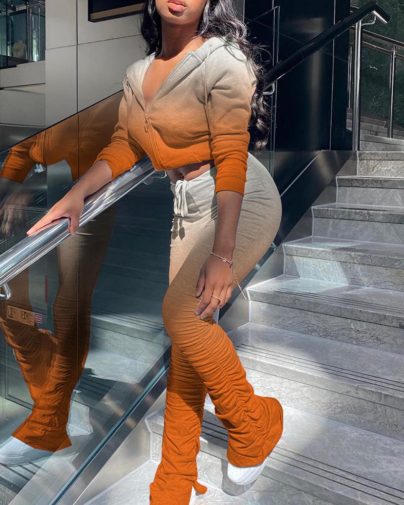 

Gradient Color Hooded Crop Top & Ruched Pants Set, Orange