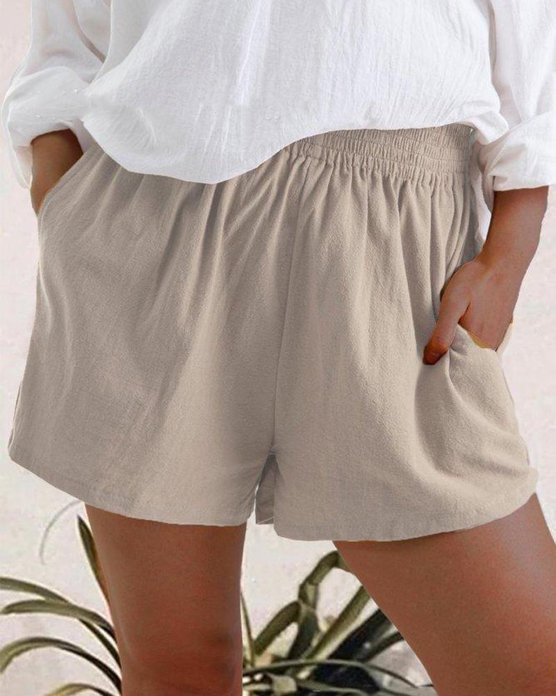 

High Waist Linen Blend Shorts, Apricot