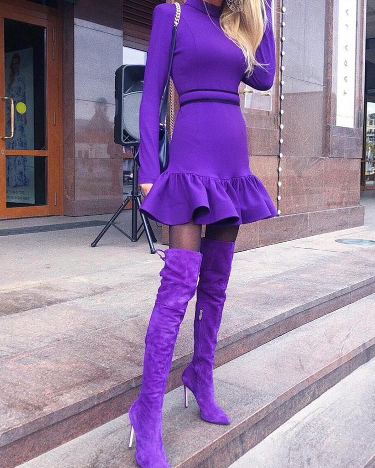 

Long Sleeve Flounced Hem Bodycon Dress, Purple