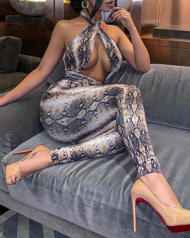 

Halter Snakeskin Print Skinny Jumpsuit