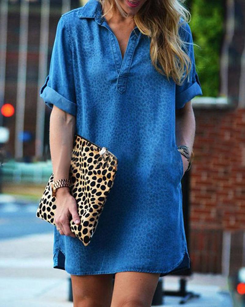 

Solid Short Sleeve Loose Mini Shirt Dress, Blue