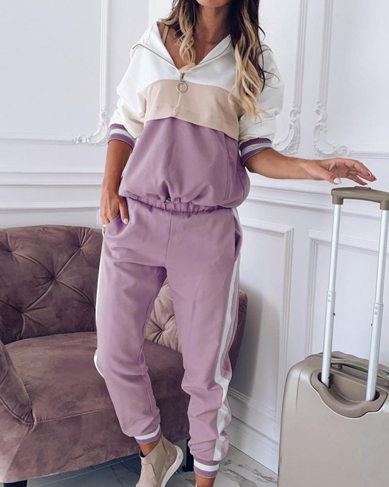 

Colorblock Zipper Design Hooded Top & Pants Set, Purple