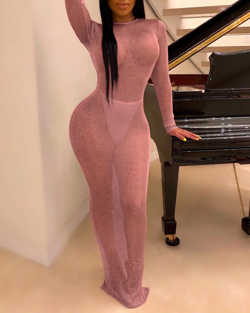 

See Through Open Back Maxi Women Dress, Pink