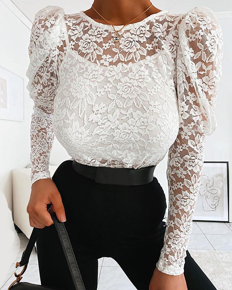 

Round Neck Long Sleeve Lace Top, White