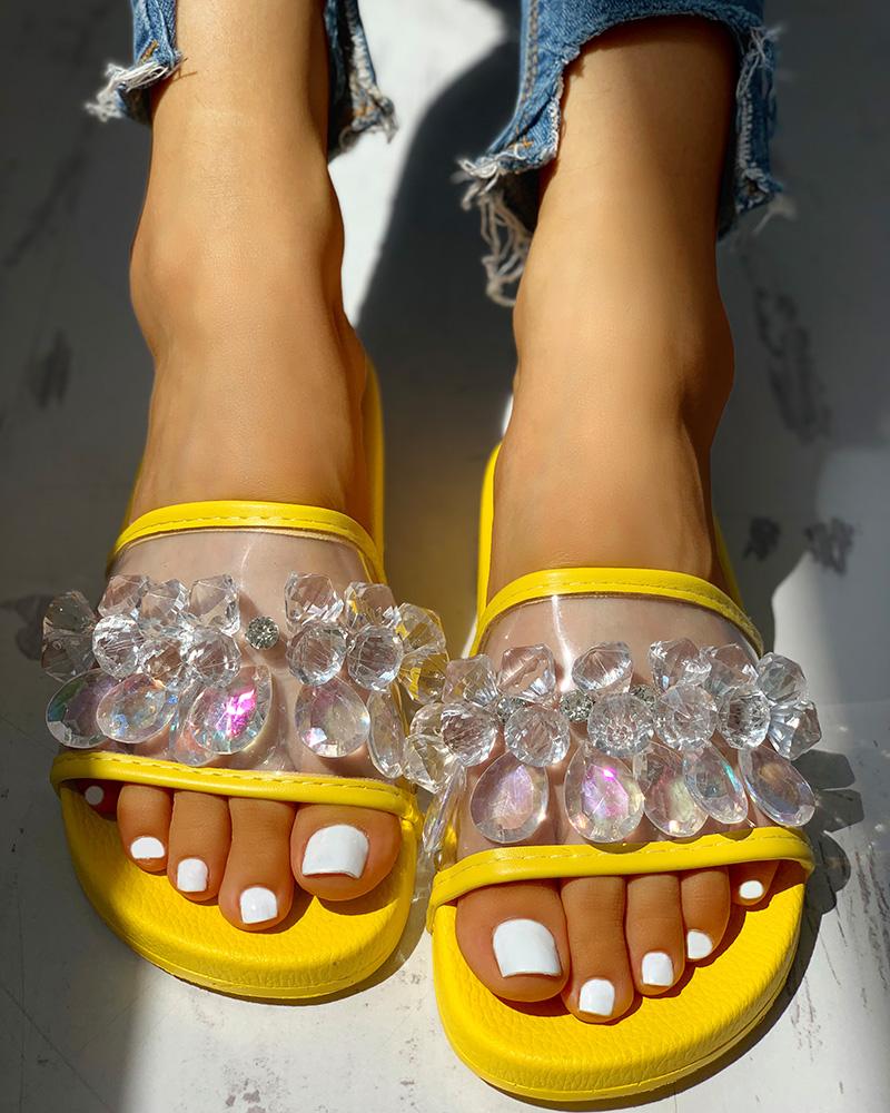 

Transparent Studded Design Flat Sandals, Yellow