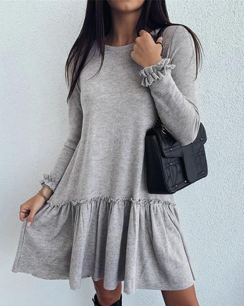 

Solid Long Sleeve Frill Hem Ruffles Knit Dress, Gray