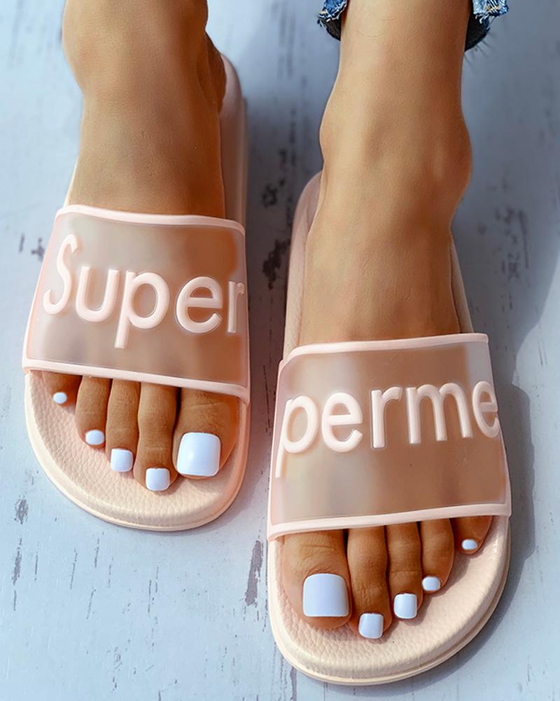 

Letter Print Transparent Flat Sandals, Pink