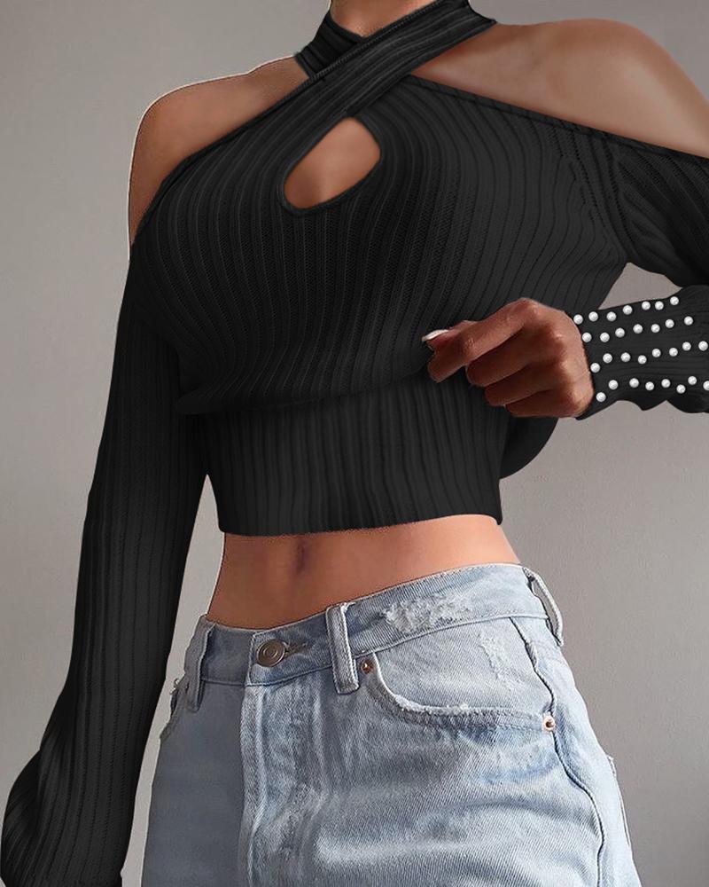 

Beaded Halter Cutout Crop Top, Black