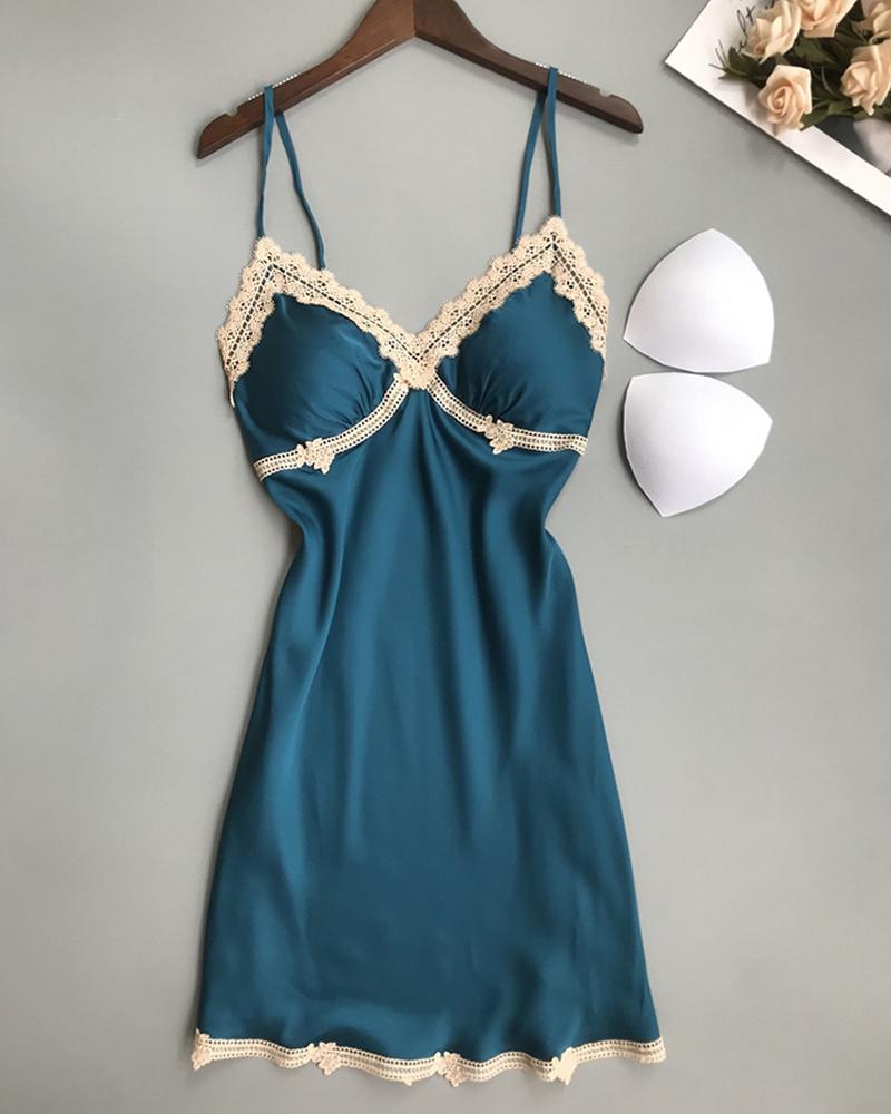 

Lace Trim Satin Padded Babydoll, Blue