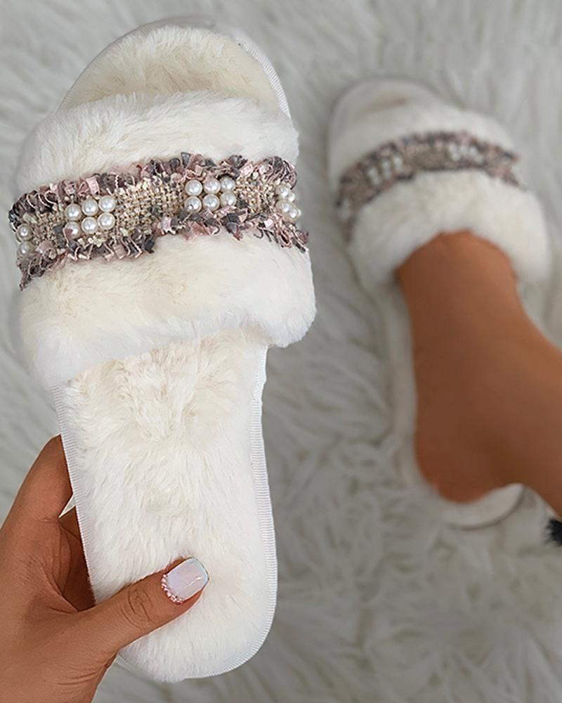 

Fringe Beaded Fluffy Slippers, Beige