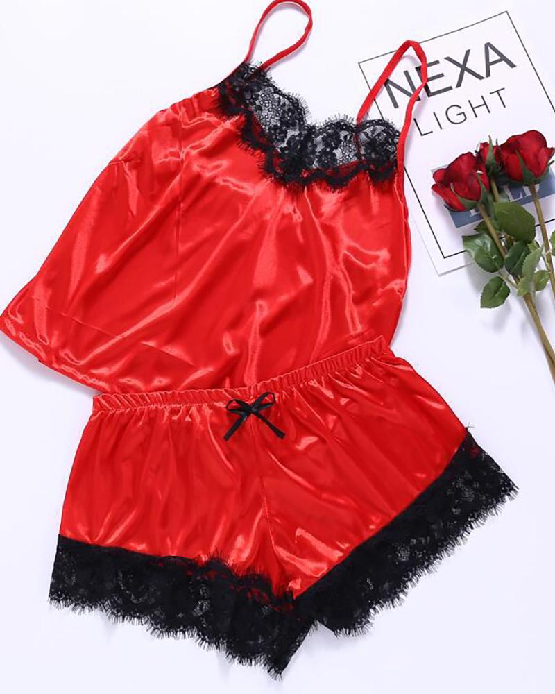 

Plus Size Lace Trim Bowknot Satin Cami Set, Red